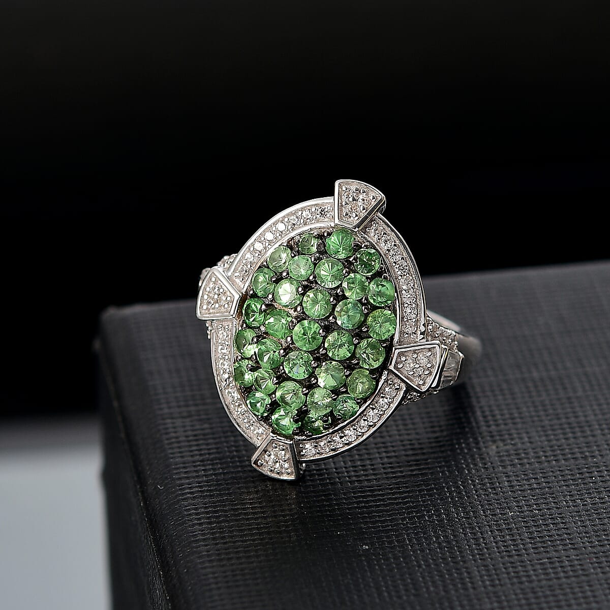D'Joy Premium Tsavorite Garnet and White Zircon 2.40 ctw Art Deco Ring in Rhodium Over Sterling Silver (Size 5.0) image number 1