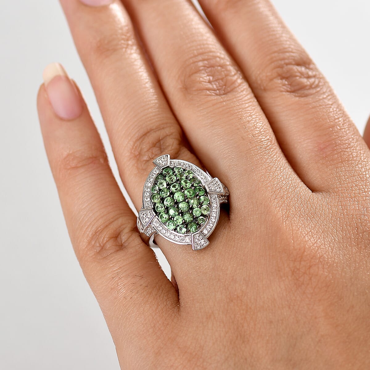 D'Joy Premium Tsavorite Garnet and White Zircon 2.40 ctw Art Deco Ring in Rhodium Over Sterling Silver (Size 5.0) image number 2