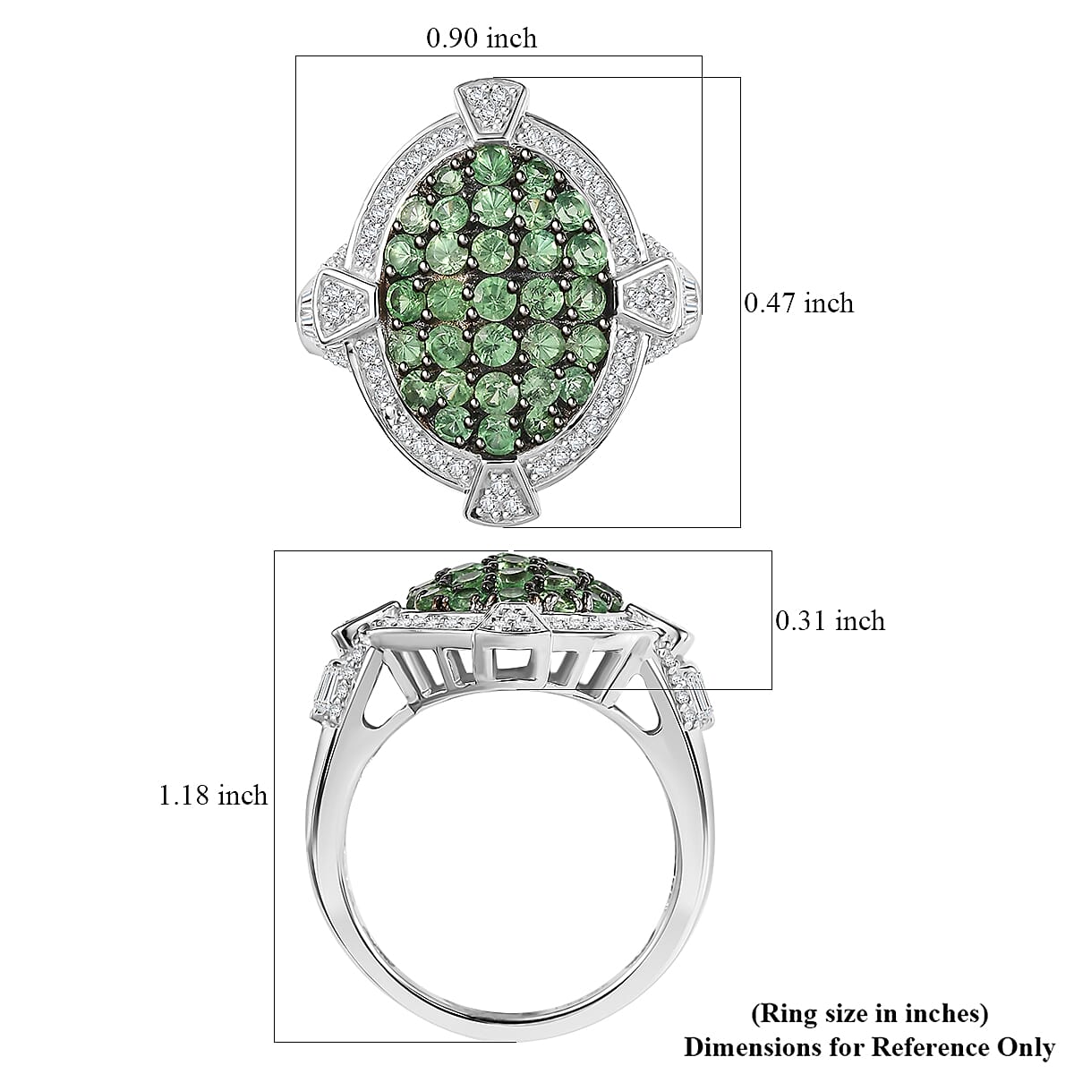D'Joy Premium Tsavorite Garnet and White Zircon 2.40 ctw Art Deco Ring in Rhodium Over Sterling Silver (Size 5.0) image number 5