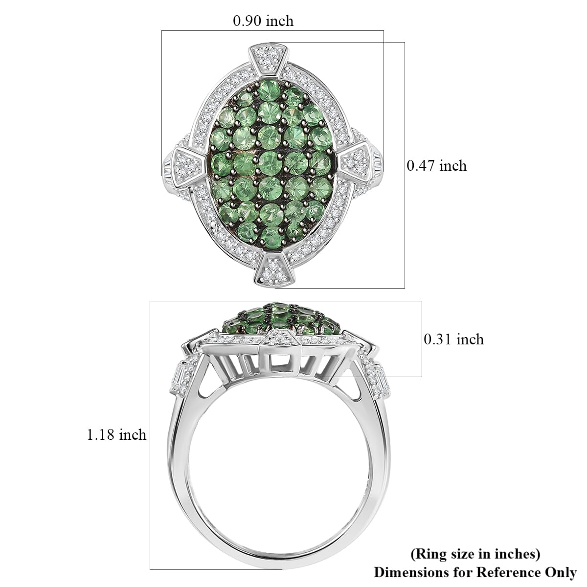 D'Joy Premium Tsavorite Garnet and White Zircon 2.40 ctw Art Deco Ring in Rhodium Over Sterling Silver (Size 7.0) image number 5