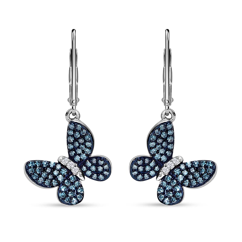 Venice Blue Diamond I1-I2 and Diamond 0.50 ctw Butterfly Earrings in Rhodium Over Sterling Silver