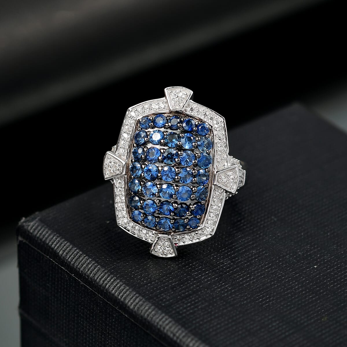 D'Joy Premium Ceylon Blue Sapphire and White Zircon 2.50 ctw Art Deco Ring in Rhodium Over Sterling Silver (Size 10.0)  image number 1