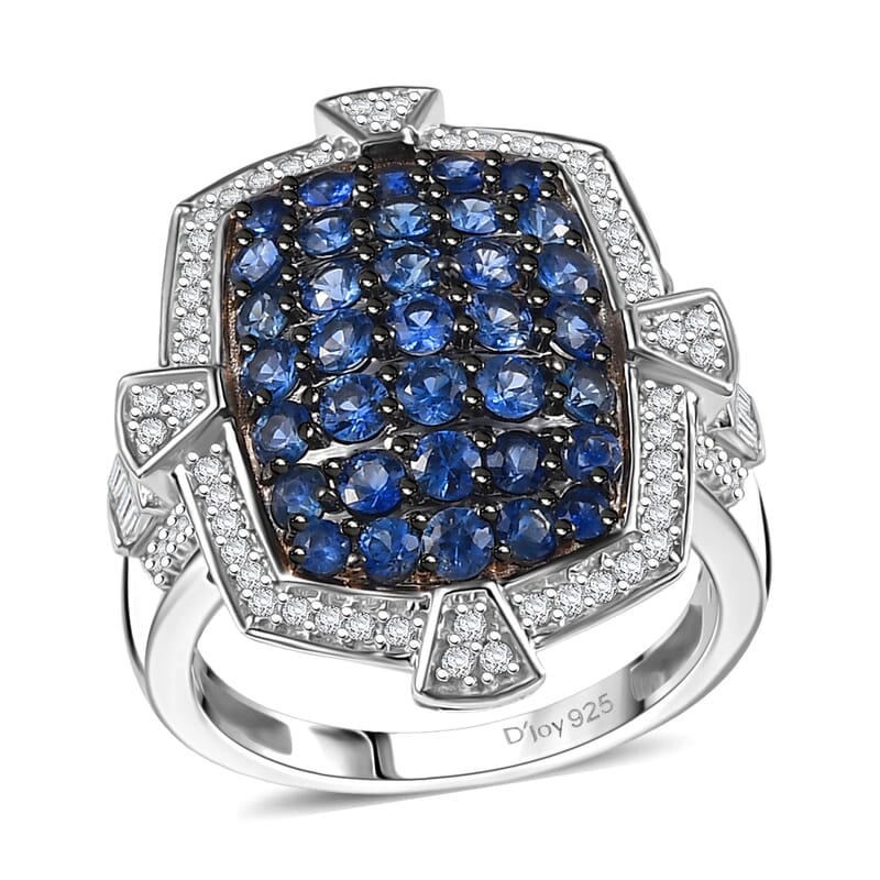 D'Joy Premium Ceylon Blue Sapphire and White Zircon 2.50 ctw Art Deco Ring in Rhodium Over Sterling Silver (Size 7.0)