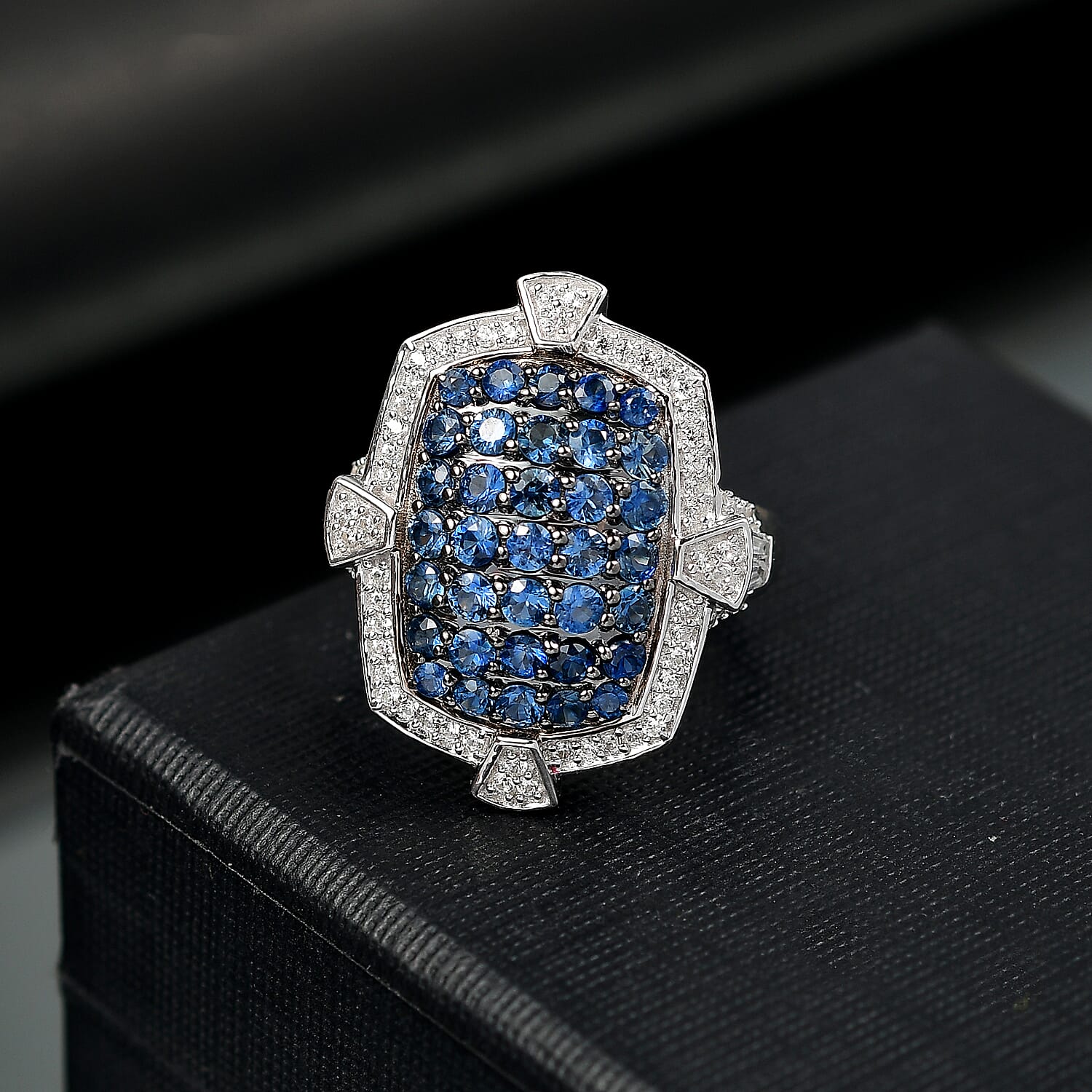 D'Joy Premium Ceylon Blue Sapphire and White Zircon 2.50 ctw Art Deco Ring in Rhodium Over Sterling Silver (Size 7.0)