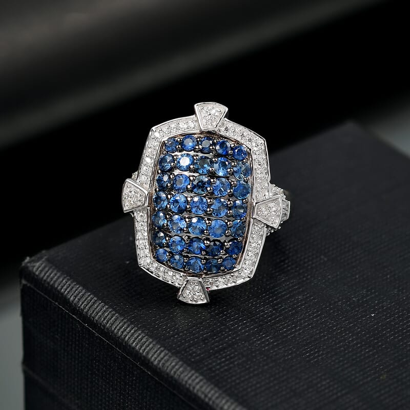 D'Joy Premium Ceylon Blue Sapphire and White Zircon 2.50 ctw Art Deco Ring in Rhodium Over Sterling Silver (Size 7.0)