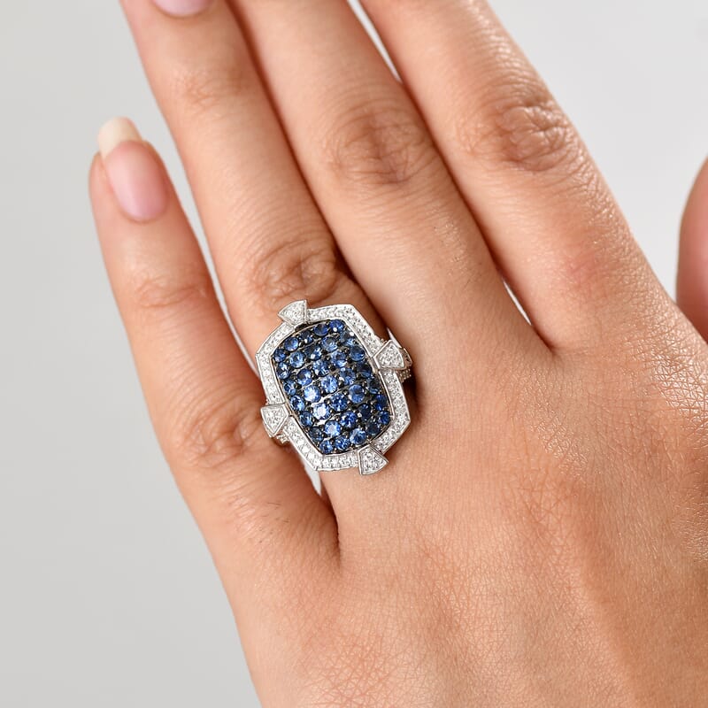 D'Joy Premium Ceylon Blue Sapphire and White Zircon 2.50 ctw Art Deco Ring in Rhodium Over Sterling Silver (Size 7.0)
