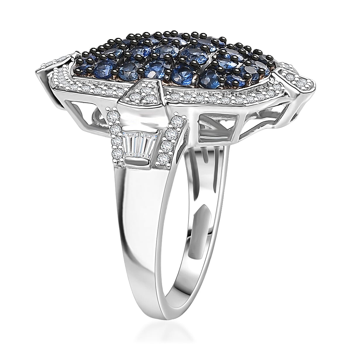 D'Joy Premium Ceylon Blue Sapphire and White Zircon 2.50 ctw Art Deco Ring in Rhodium Over Sterling Silver (Size 7.0)