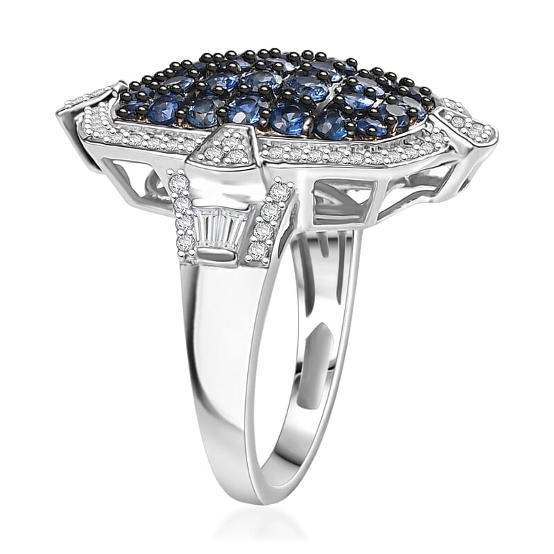 D'Joy Premium Ceylon Blue Sapphire and White Zircon 2.50 ctw Art Deco Ring in Rhodium Over Sterling Silver (Size 7.0)