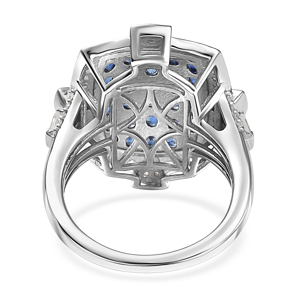 D'Joy Premium Ceylon Blue Sapphire and White Zircon 2.50 ctw Art Deco Ring in Rhodium Over Sterling Silver (Size 7.0)