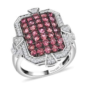 D'Joy Premium Ouro Fino Rubellite and White Zircon 2.60 ctw Art Deco Ring in Rhodium Over Sterling Silver (Size 10.0)