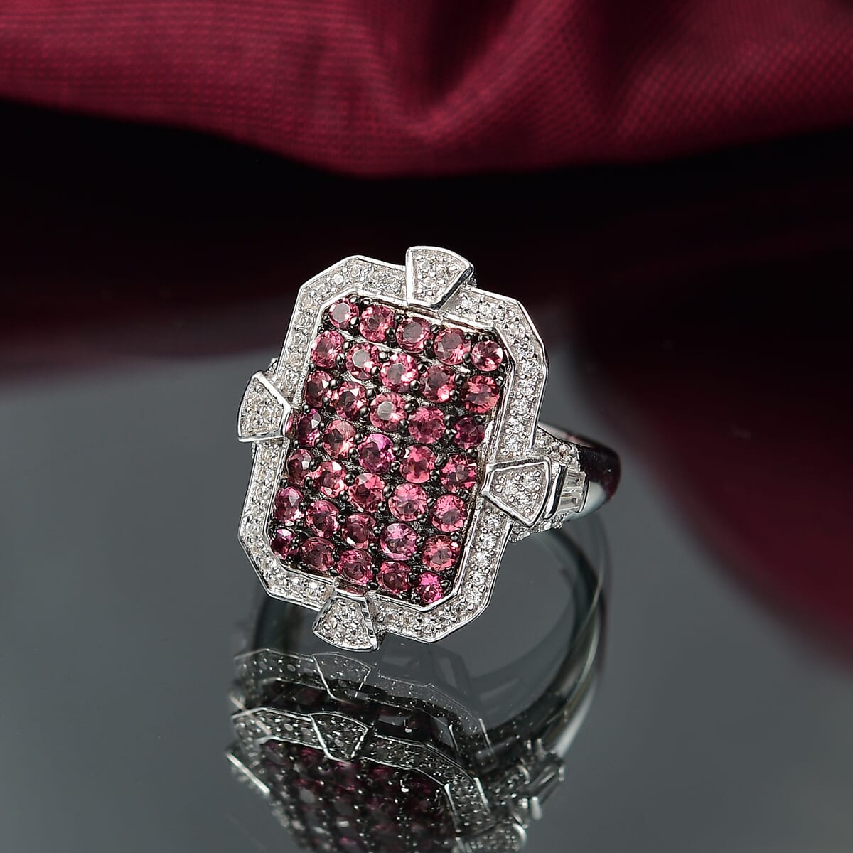 D'Joy Premium Ouro Fino Rubellite and White Zircon 2.60 ctw Art Deco Ring in Rhodium Over Sterling Silver (Size 10.0) image number 1