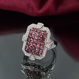 D'Joy Premium Ouro Fino Rubellite and White Zircon 2.60 ctw Art Deco Ring in Rhodium Over Sterling Silver (Size 10.0)