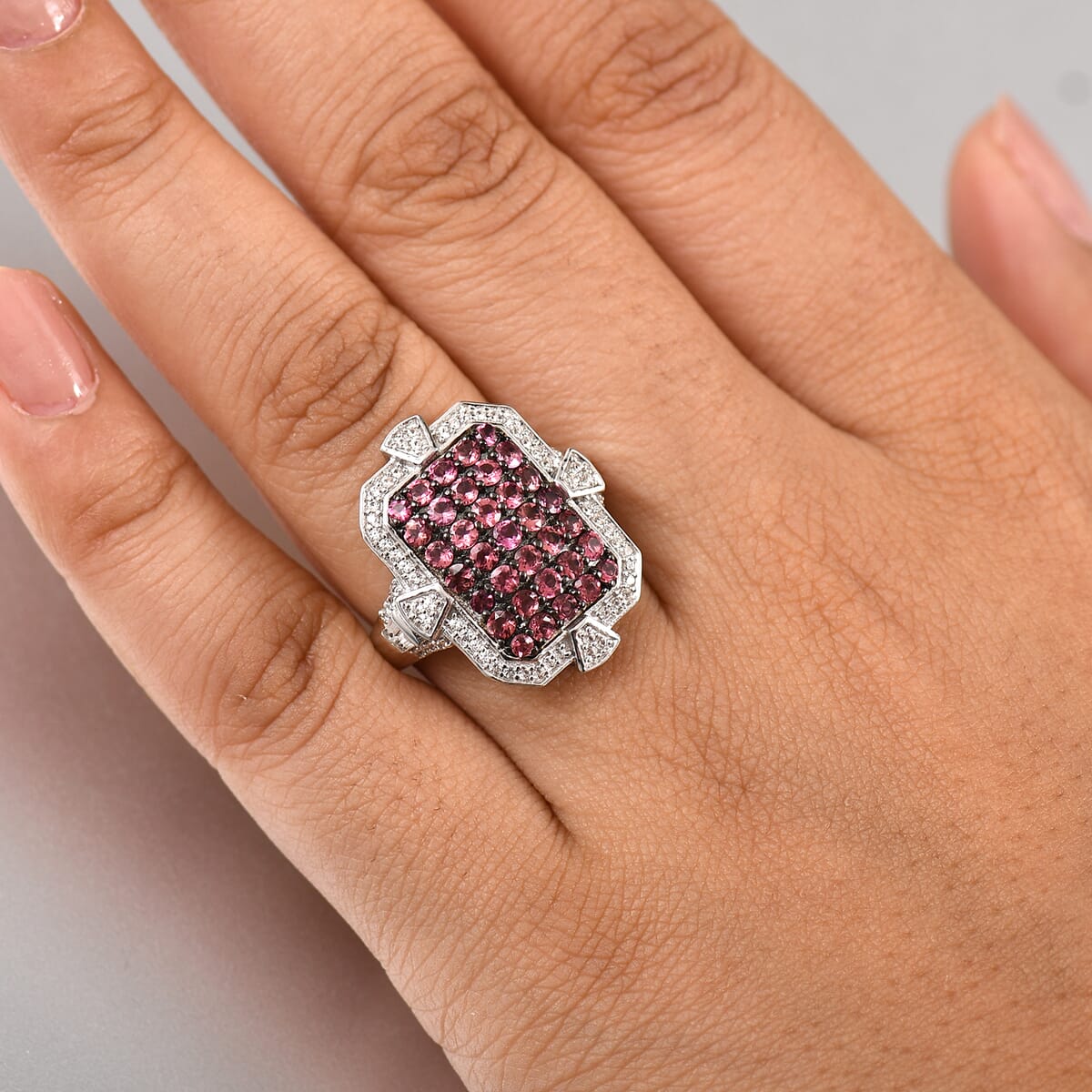 D'Joy Premium Ouro Fino Rubellite and White Zircon 2.60 ctw Art Deco Ring in Rhodium Over Sterling Silver (Size 10.0) image number 2
