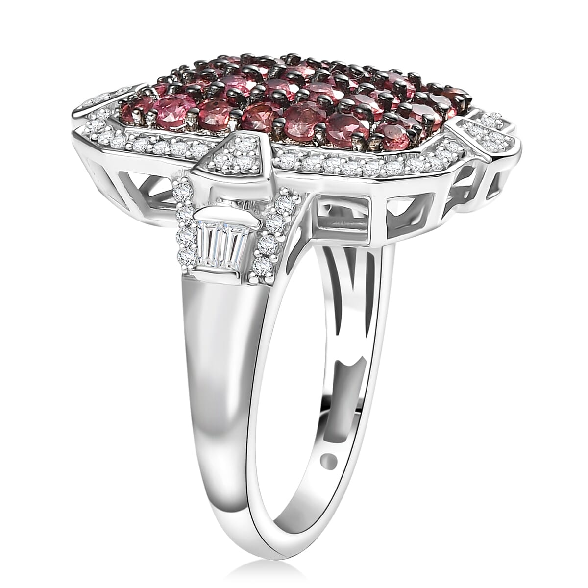 D'Joy Premium Ouro Fino Rubellite and White Zircon 2.60 ctw Art Deco Ring in Rhodium Over Sterling Silver (Size 10.0) image number 3
