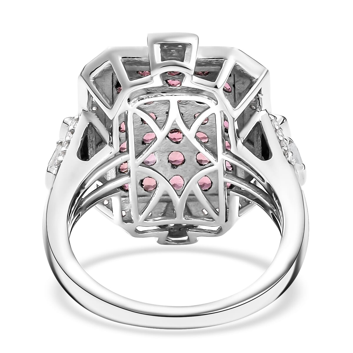 D'Joy Premium Ouro Fino Rubellite and White Zircon 2.60 ctw Art Deco Ring in Rhodium Over Sterling Silver (Size 10.0) image number 4