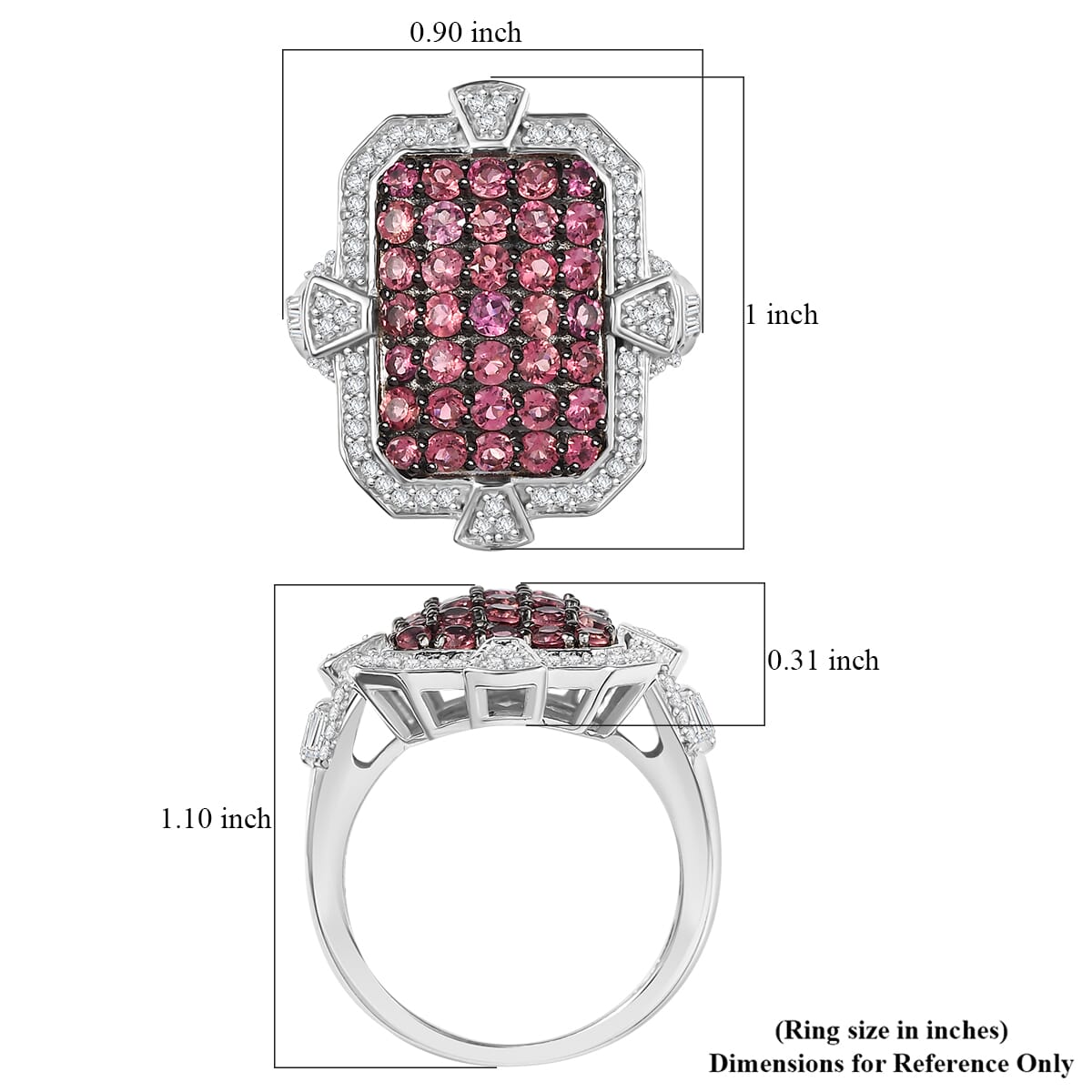 D'Joy Premium Ouro Fino Rubellite and White Zircon 2.60 ctw Art Deco Ring in Rhodium Over Sterling Silver (Size 10.0) image number 5