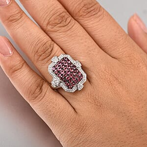 D'Joy Premium Ouro Fino Rubellite and White Zircon 2.60 ctw Art Deco Ring in Rhodium Over Sterling Silver (Size 6.0)