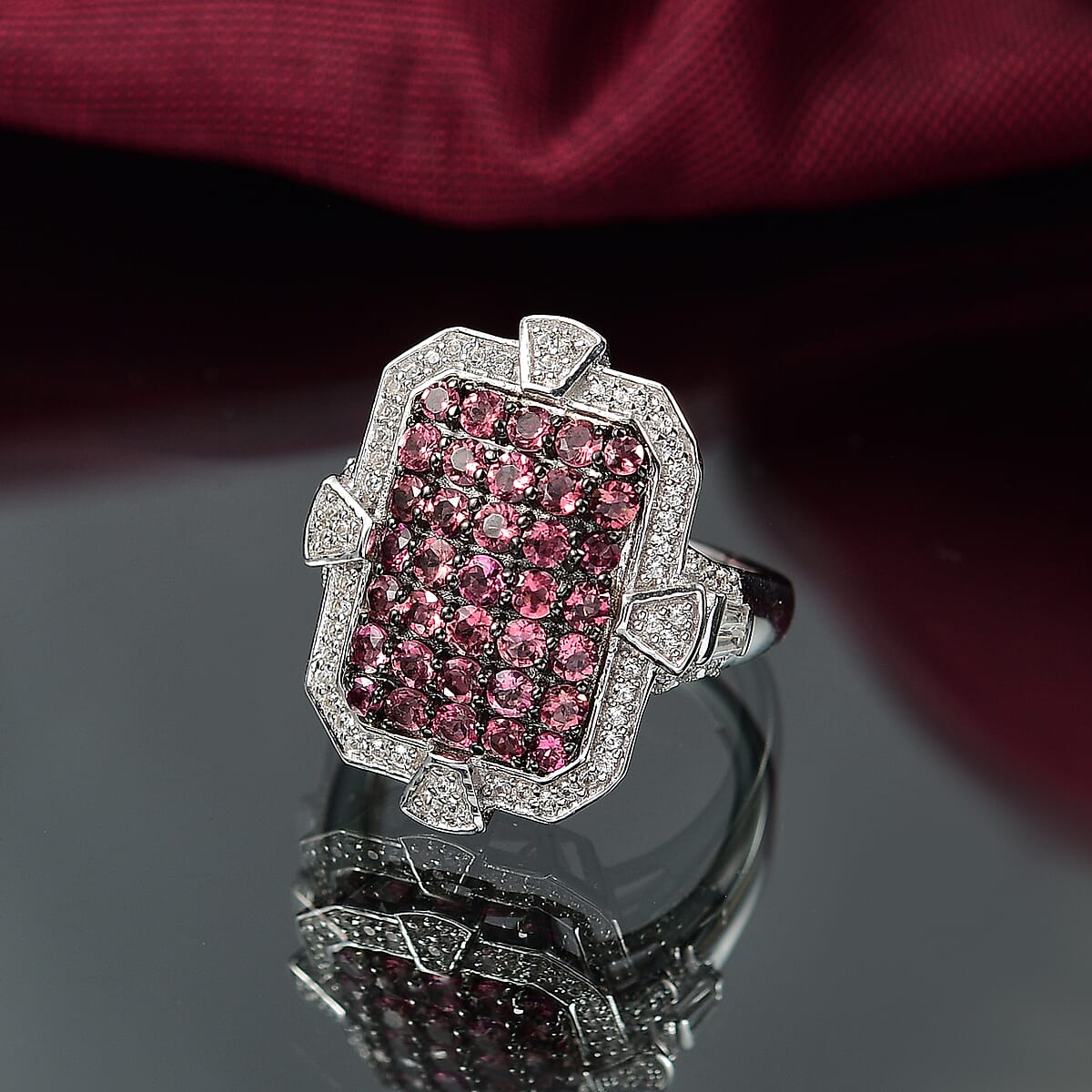 D'Joy Premium Ouro Fino Rubellite and White Zircon 2.60 ctw Art Deco Ring in Rhodium Over Sterling Silver (Size 9.0) image number 1