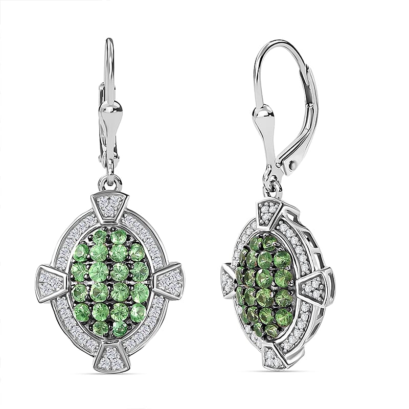 D'Joy Premium Tsavorite Garnet and White Zircon 2.25 ctw Art Deco Earrings in Rhodium Over Sterling Silver 
