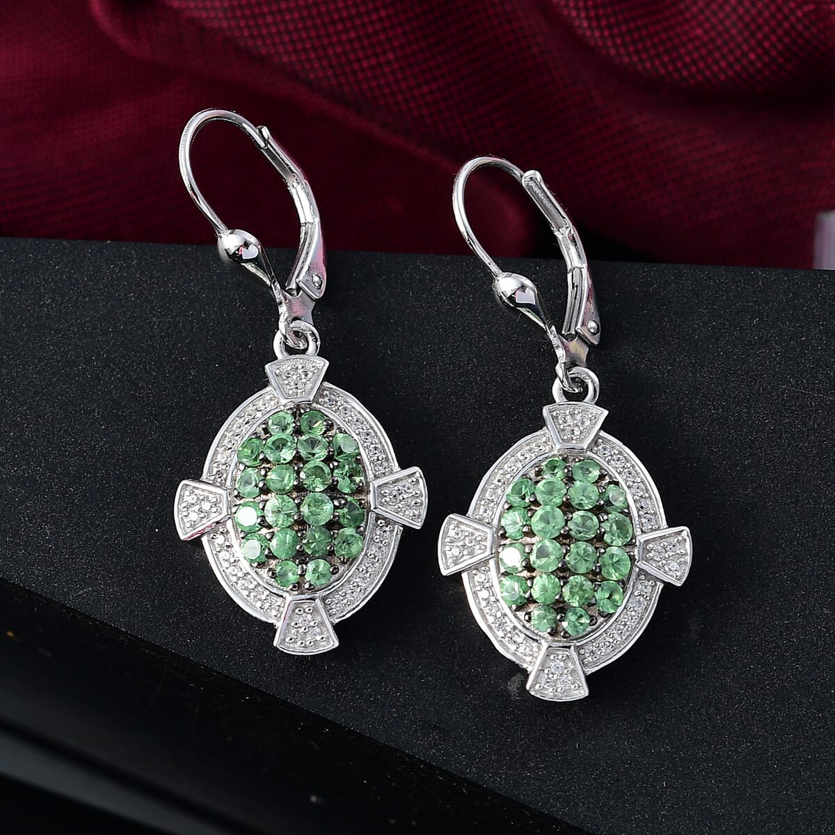 D'Joy Premium Tsavorite Garnet and White Zircon 2.25 ctw Art Deco Earrings in Rhodium Over Sterling Silver  image number 1
