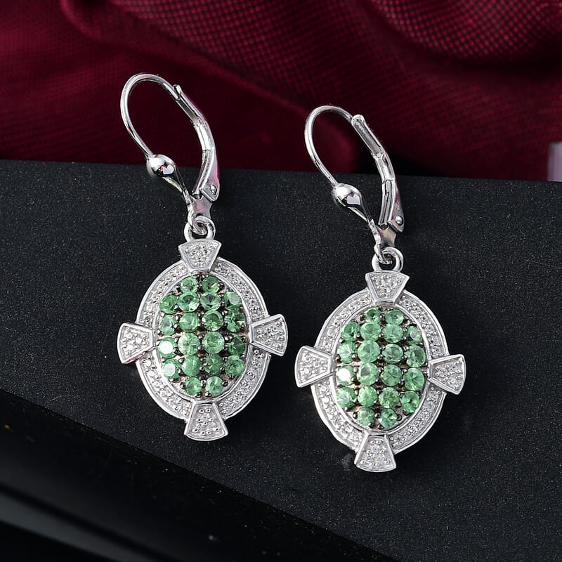 D'Joy Premium Tsavorite Garnet and White Zircon 2.25 ctw Art Deco Earrings in Rhodium Over Sterling Silver 