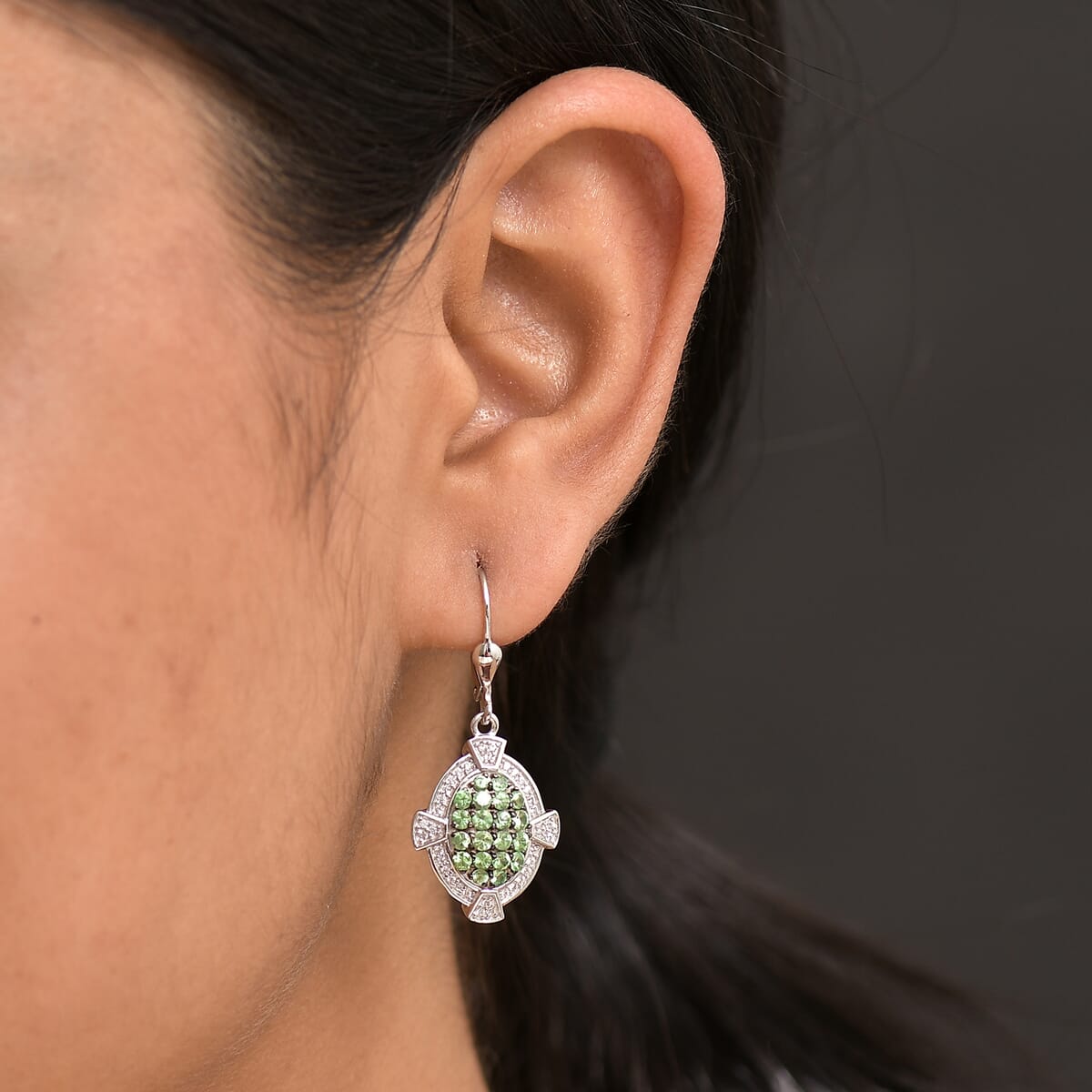 D'Joy Premium Tsavorite Garnet and White Zircon 2.25 ctw Art Deco Earrings in Rhodium Over Sterling Silver  image number 2