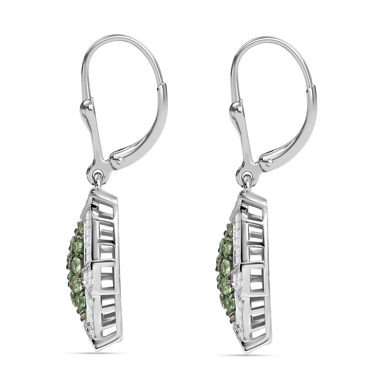 D'Joy Premium Tsavorite Garnet and White Zircon 2.25 ctw Art Deco Earrings in Rhodium Over Sterling Silver  image number 3