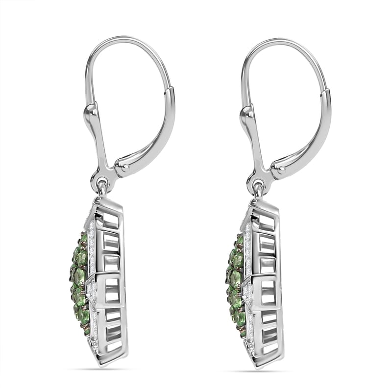 D'Joy Premium Tsavorite Garnet and White Zircon 2.25 ctw Art Deco Earrings in Rhodium Over Sterling Silver 
