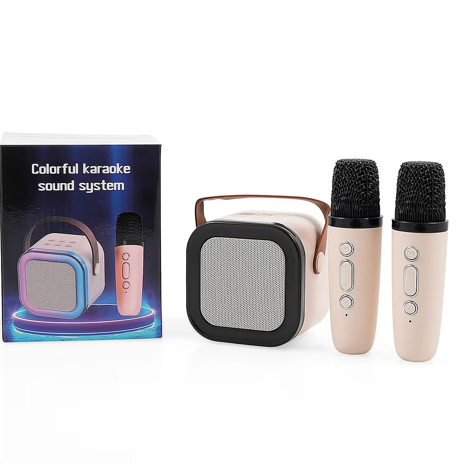 Mini Bluetooth Karaoke Speaker with Colorful LED lights and 2pc Wireless Microphone - White Image