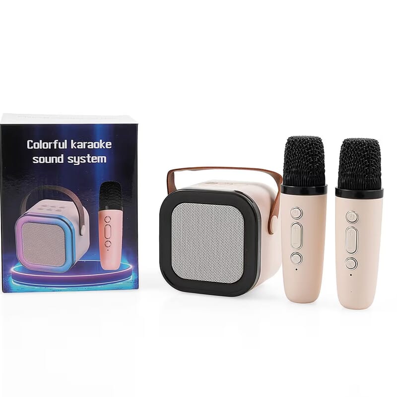 Mini Bluetooth Karaoke Speaker with Colorful LED lights and 2pc Wireless Microphone - White
