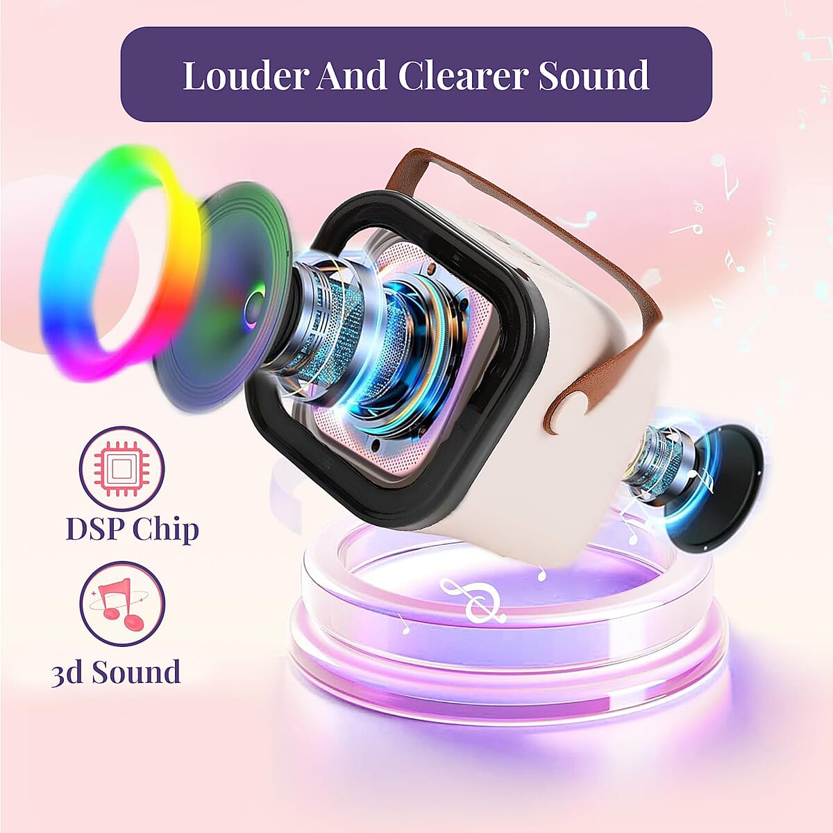 Mini Bluetooth Karaoke Speaker with Colorful LED lights and 2pc Wireless Microphone - White image number 3