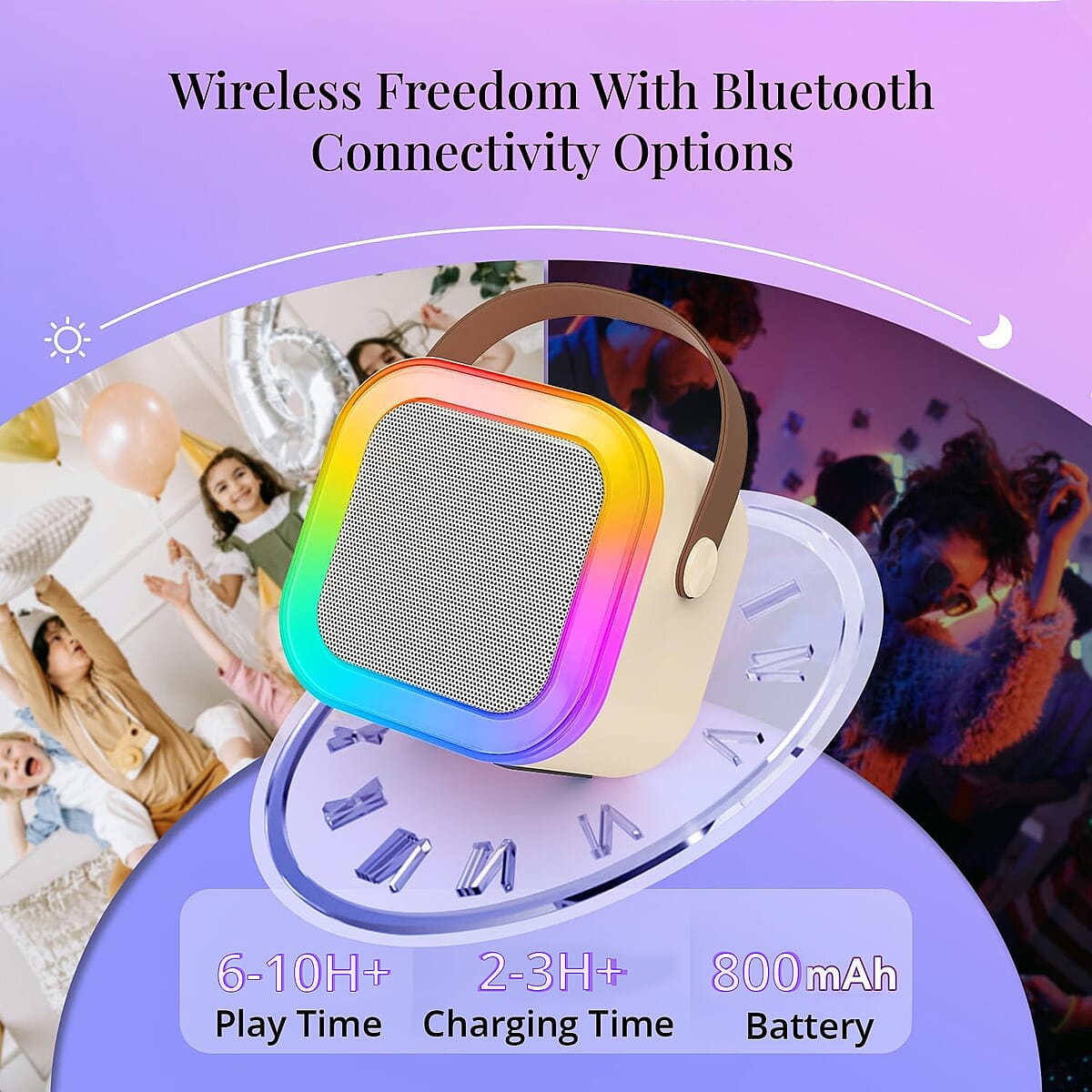 Mini Bluetooth Karaoke Speaker with Colorful LED lights and 2pc Wireless Microphone - White image number 4