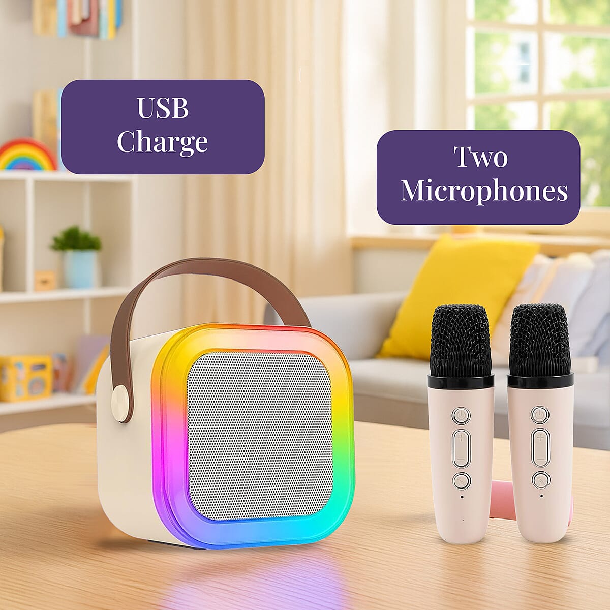 Mini Bluetooth Karaoke Speaker with Colorful LED lights and 2pc Wireless Microphone - White image number 5