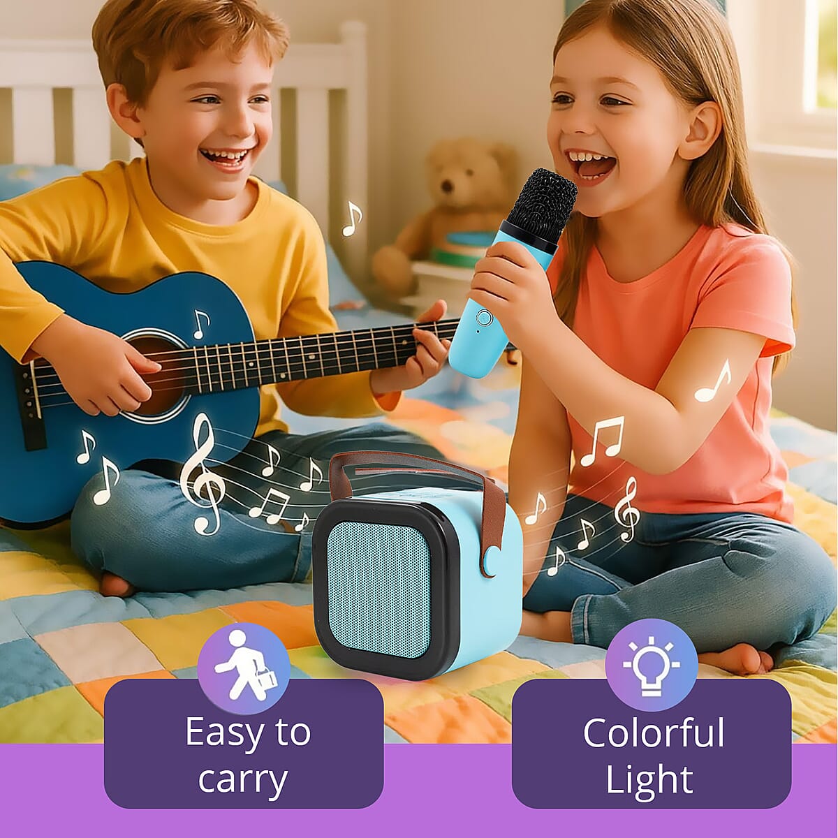 Mini Bluetooth Karaoke Speaker with Colorful LED lights and 2pc Wireless Microphone - Blue image number 1