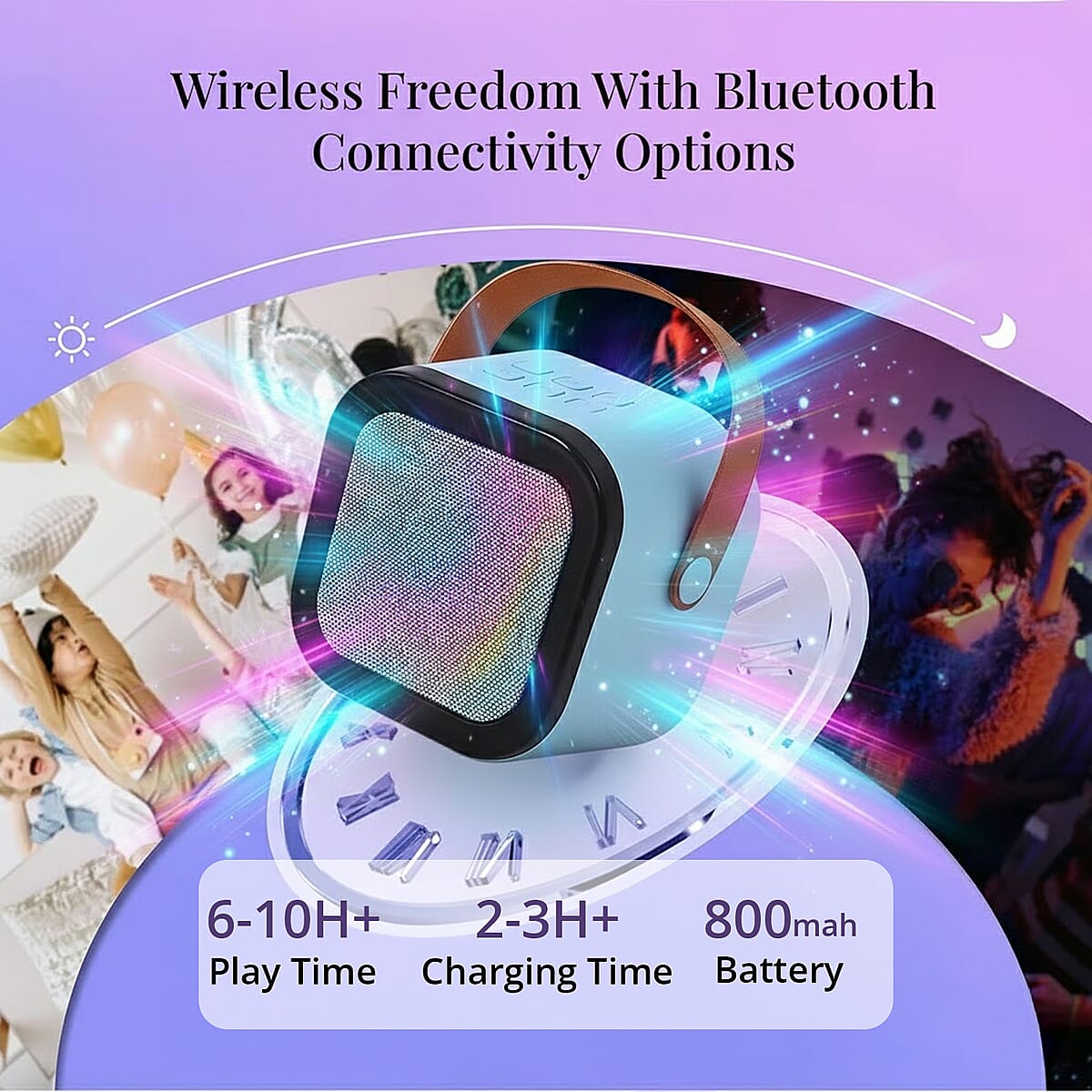 Mini Bluetooth Karaoke Speaker with Colorful LED lights and 2pc Wireless Microphone - Blue image number 2