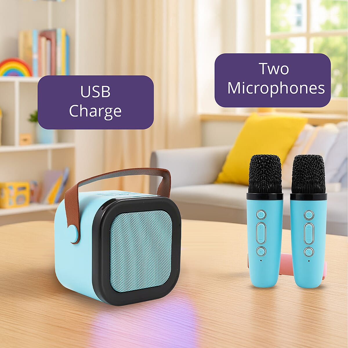 Mini Bluetooth Karaoke Speaker with Colorful LED lights and 2pc Wireless Microphone - Blue image number 3