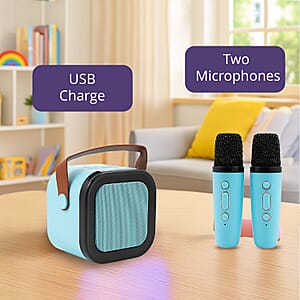 Mini Bluetooth Karaoke Speaker with Colorful LED lights and 2pc Wireless Microphone - Blue
