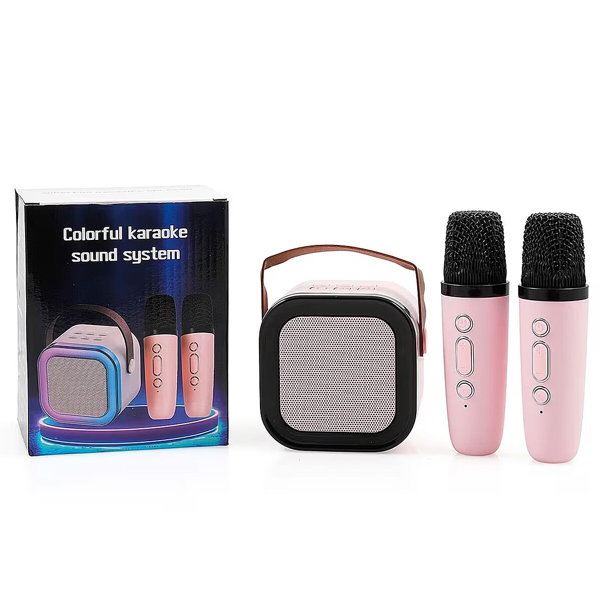 Mini Bluetooth Karaoke Speaker with Colorful LED lights and 2pc Wireless Microphone - Pink image number 0