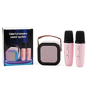 Mini Bluetooth Karaoke Speaker with Colorful LED lights and 2pc Wireless Microphone - Pink