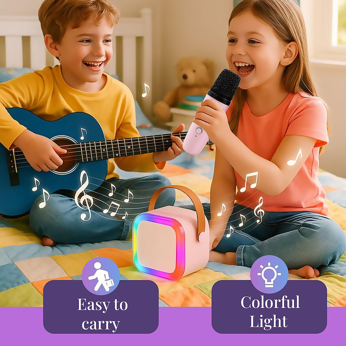 Mini Bluetooth Karaoke Speaker with Colorful LED lights and 2pc Wireless Microphone - Pink image number 2