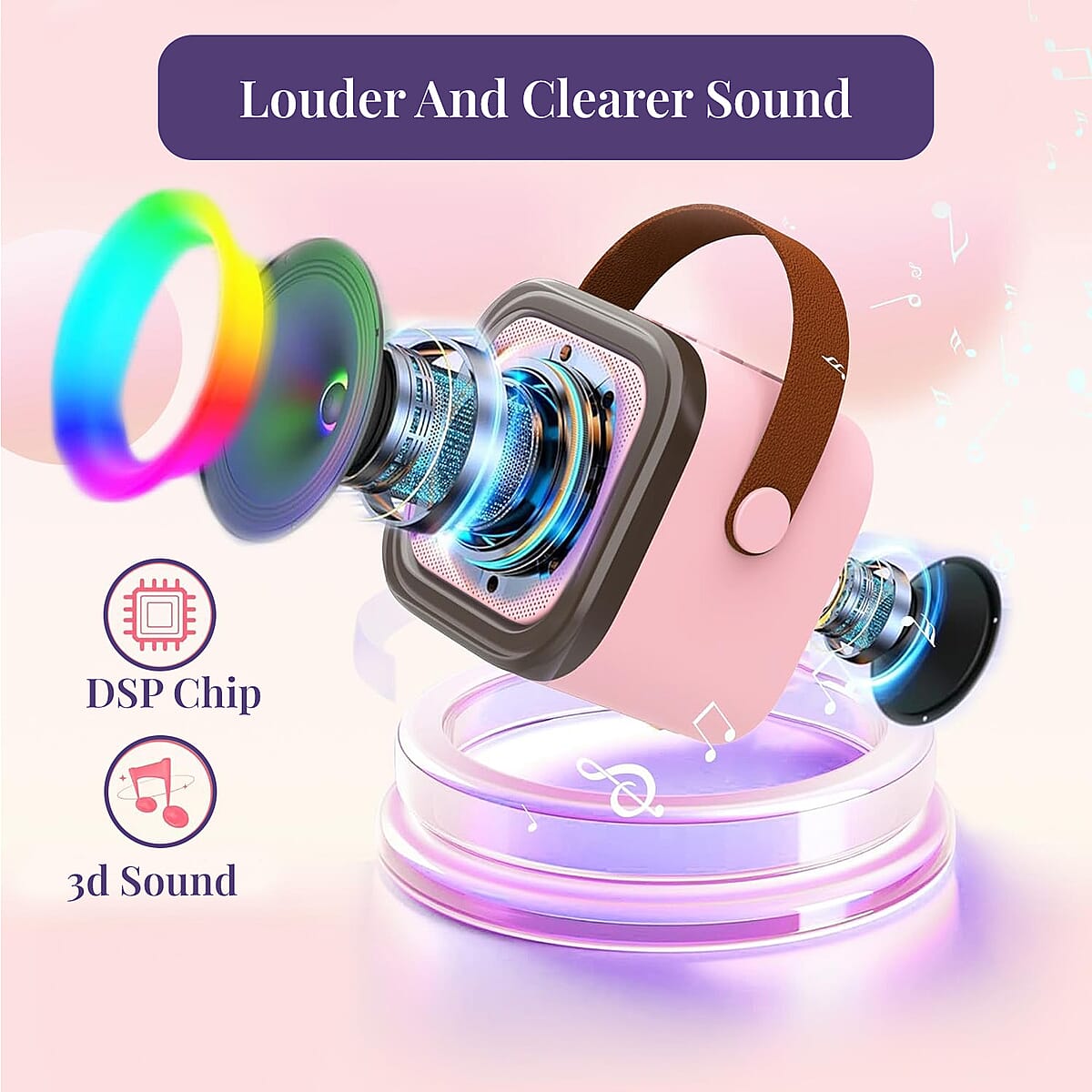 Mini Bluetooth Karaoke Speaker with Colorful LED lights and 2pc Wireless Microphone - Pink image number 3