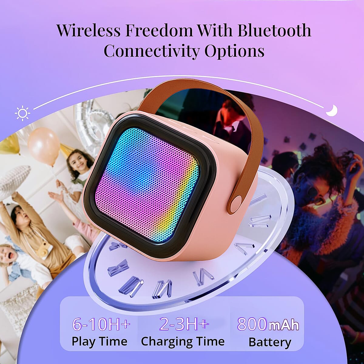 Mini Bluetooth Karaoke Speaker with Colorful LED lights and 2pc Wireless Microphone - Pink image number 4