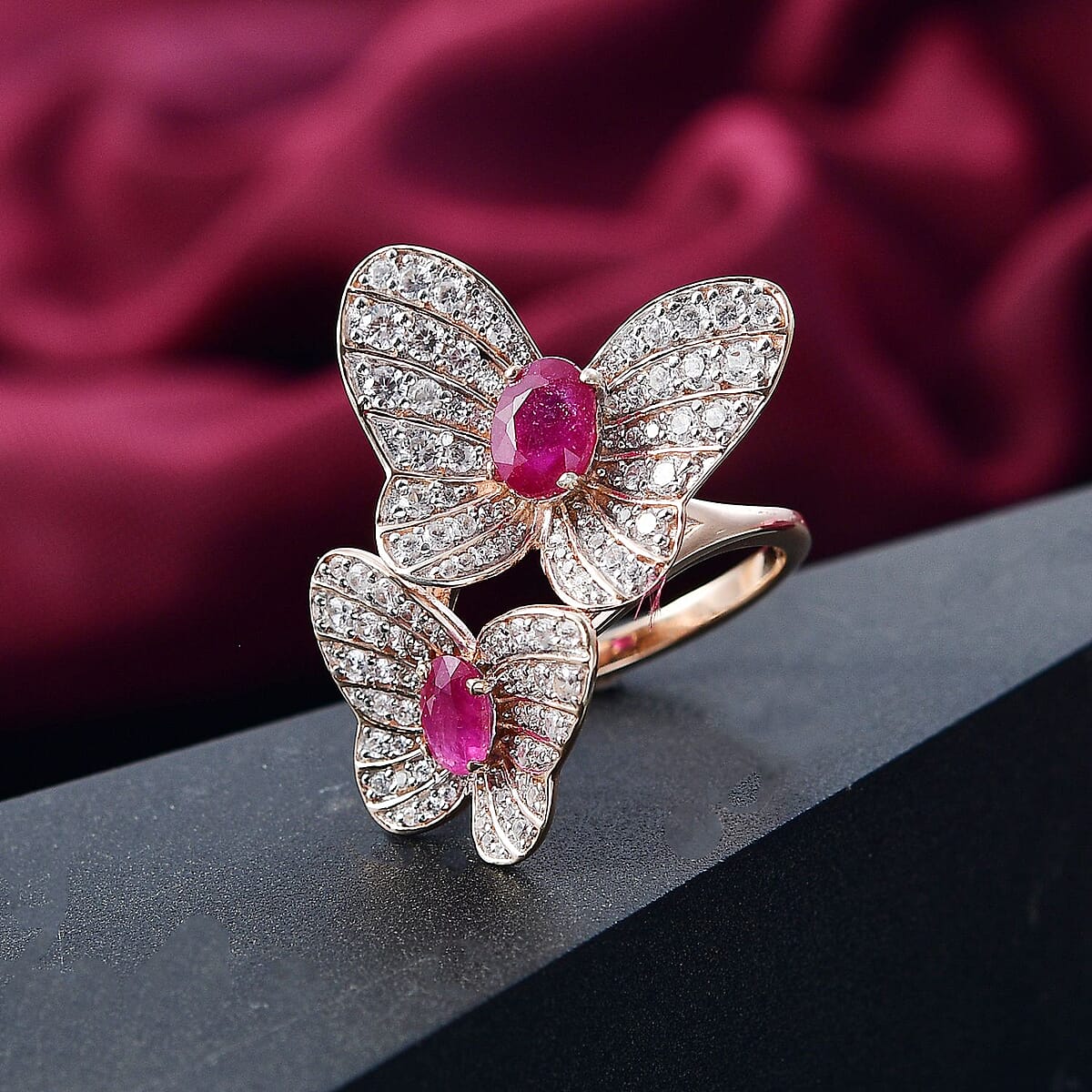 GP Trionfo Collection Premium Niassa Ruby and White Zircon 4.20 ctw Butterfly Ring in 18K Vermeil Rose Gold Over Sterling Silver (Size 5.0) image number 1