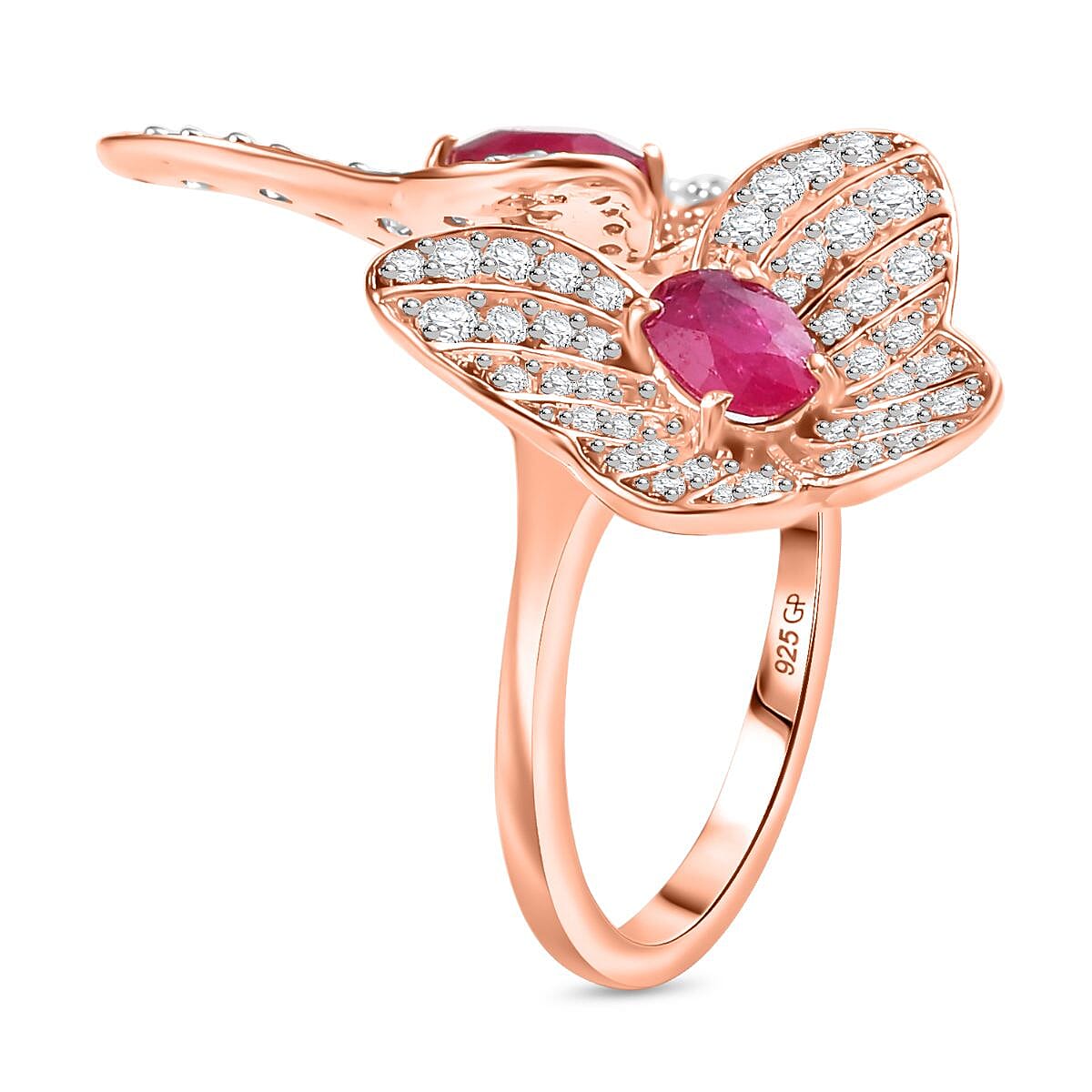 GP Trionfo Collection Premium Niassa Ruby and White Zircon 4.20 ctw Butterfly Ring in 18K Vermeil Rose Gold Over Sterling Silver (Size 5.0) image number 3