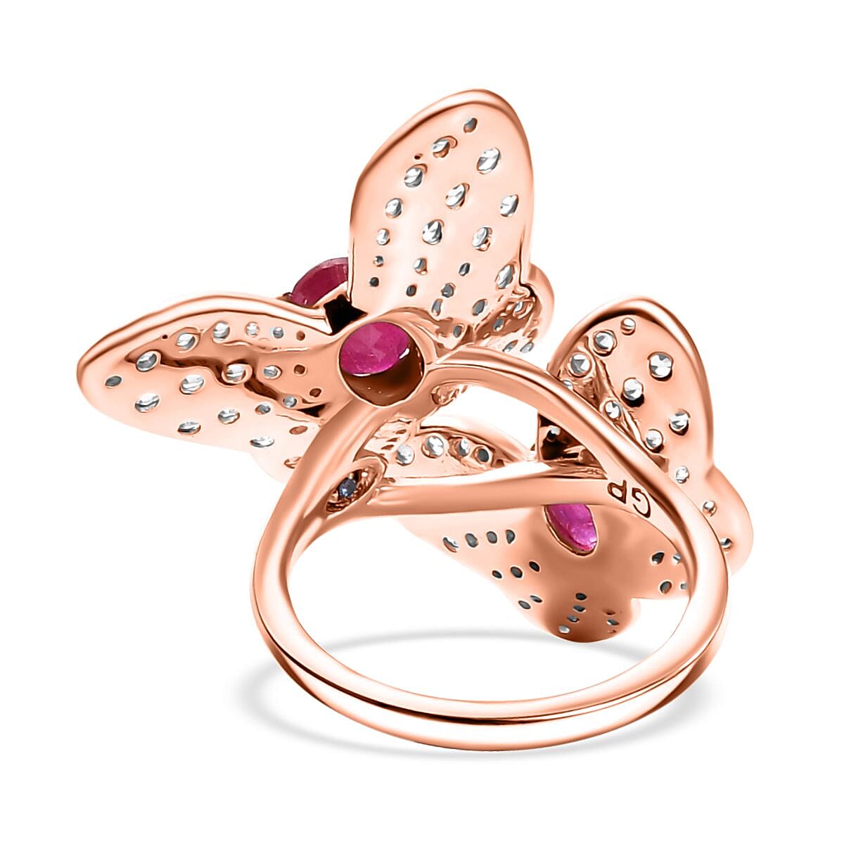 GP Trionfo Collection Premium Niassa Ruby and White Zircon 4.20 ctw Butterfly Ring in 18K Vermeil Rose Gold Over Sterling Silver (Size 5.0) image number 4