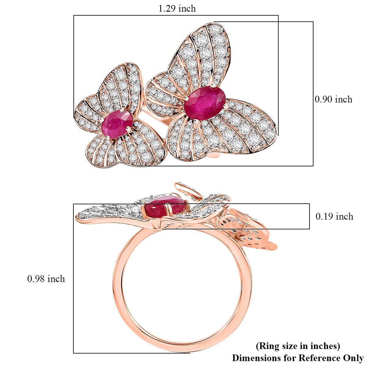 GP Trionfo Collection Premium Niassa Ruby and White Zircon 4.20 ctw Butterfly Ring in 18K Vermeil Rose Gold Over Sterling Silver (Size 5.0) image number 5