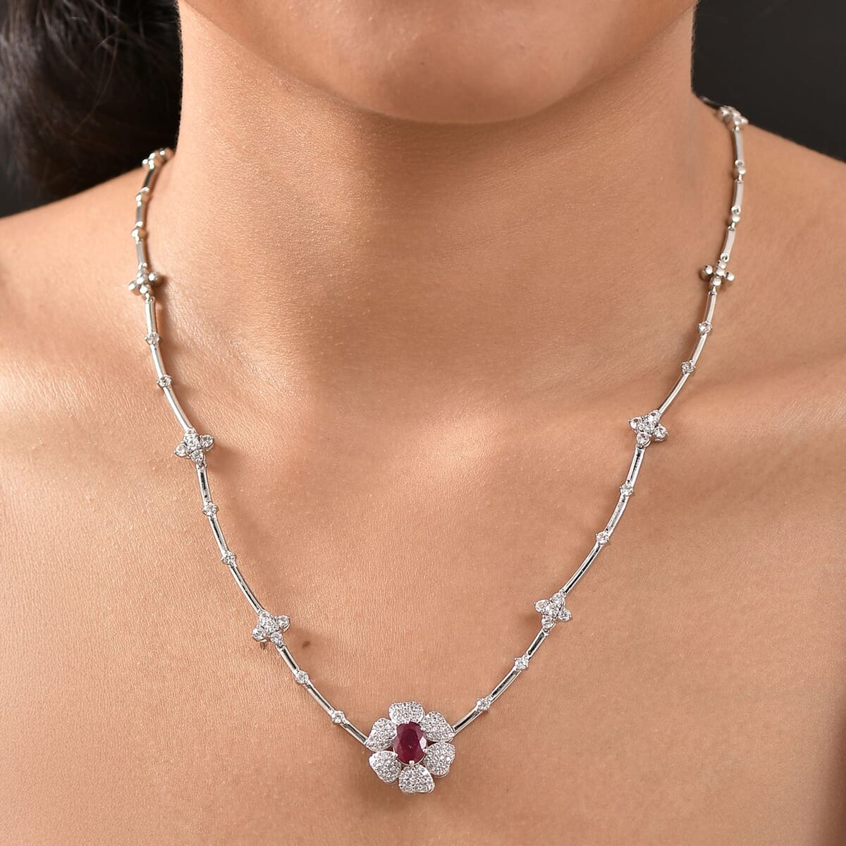 GP Italian Garden Collection Premium Niassa Ruby and White Zircon 6.65 ctw Necklace in Rhodium Over Sterling Silver 18 Inches image number 2
