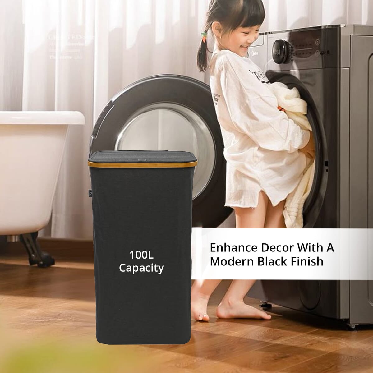 CLOSEOUT Hennez Adreian Collapsible Laundry Basket - Medium (100L) - Dark Grey image number 3
