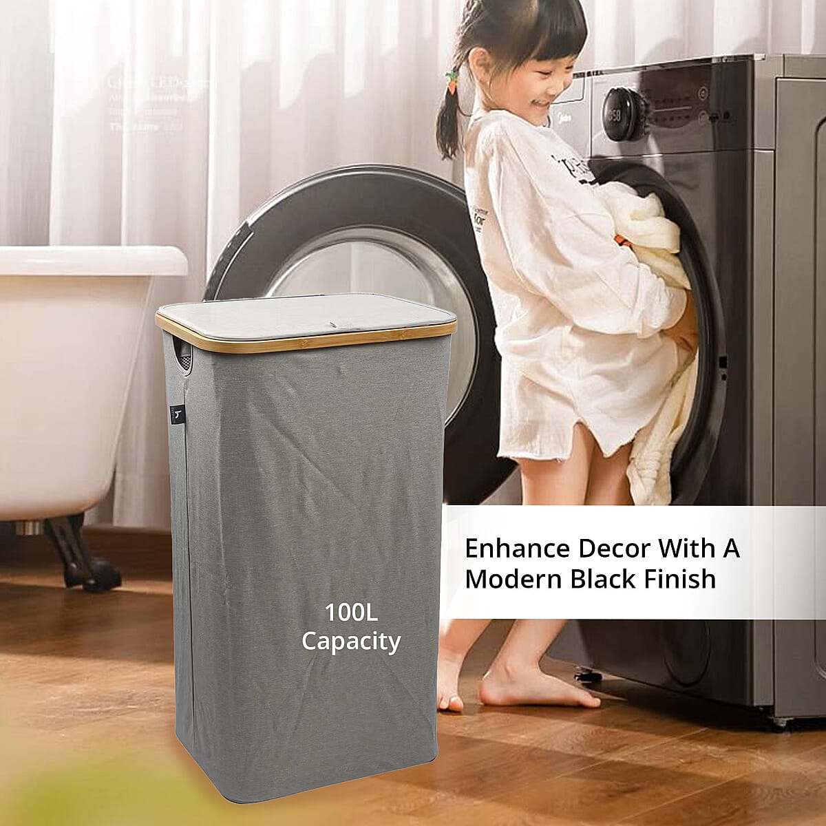 CLOSEOUT Hennez Adreian Collapsible Laundry Basket - Medium (100L) - Light Grey image number 2