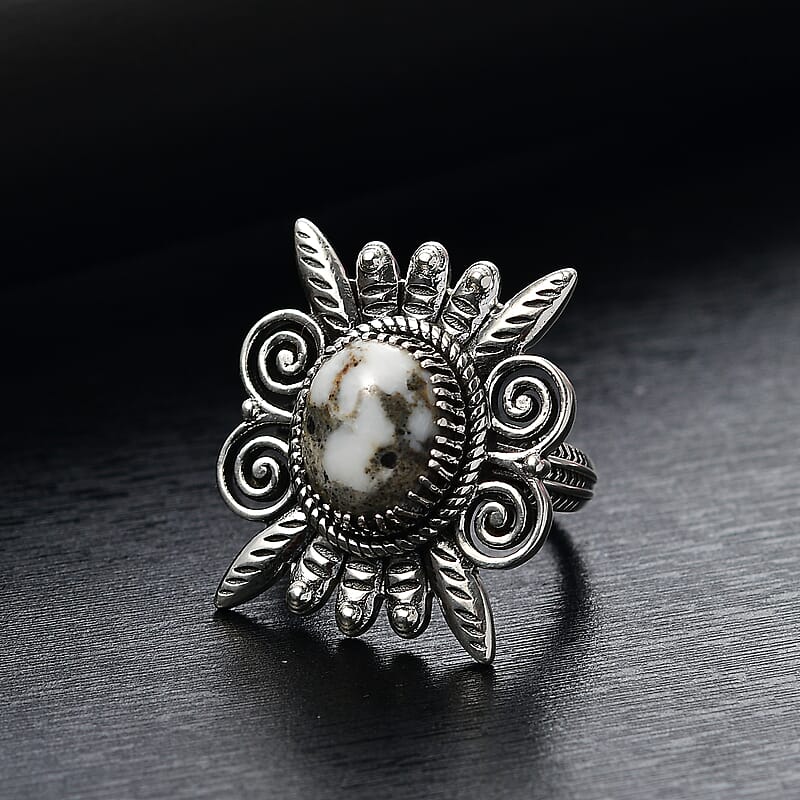 D'Joy Artisan Crafted White Buffalo 4.70 ctw Native American Ring in Black Oxidized Sterling Silver (Size 9.0)